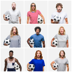 Wall Mural - Collage of group of young and senior people holding soccer ball over isolated background scared in shock with a surprise face, afraid and excited with fear expression