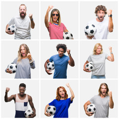 Poster - Collage of group of young and senior people holding soccer ball over isolated background annoyed and frustrated shouting with anger, crazy and yelling with raised hand, anger concept