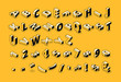 © vectorpouch - Isometric letters halftone font vector illustration of thin line cartoon abstract alphabet typography, numbers and symbols or signs in geometric shape 3D style on yellow background
