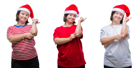 Sticker - Collage of down sydrome woman wearing christmas hat over isolated background with a big smile on face, pointing with hand and finger to the side looking at the camera.