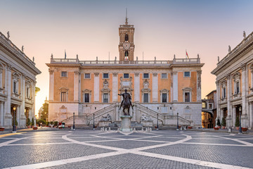 Sunrise at Capitol in Rome, Italy. Piazza del Campidoglio in Capitoline Hill, Rome, Italy. 