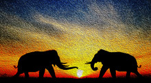 Silhouette Elephants In The Landscape On Blurry Sunset. Oil Painting