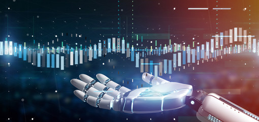 Poster - cyborg hand holding a business stock exchange trading data information 3d rendering