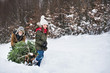 © Halfpoint - Grandfather and small girl getting a Christmas tree in forest. Copy space.