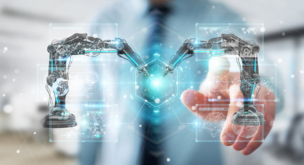 Poster - businessman using robotics arms with digital screen 3d rendering