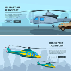 Poster - Banners with helicopters. Design template of horizontal banners with pictures of helicopters. Helicopter military army, transportation aviation illustration