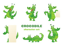 Cartoon Crocodile Characters. Alligator Wild Amphibian Reptile Green Big Animals Vector Mascots Designs In Various Poses. Alligator Animal, Reptile Green Illustration