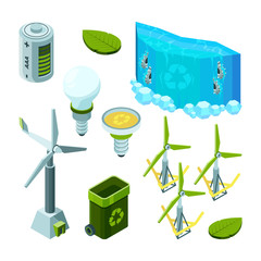 Sticker - Green saving energy. Hydro power turbines ecosystem waste technology vector isometric illustrations. Energy power hydro, water electric industry