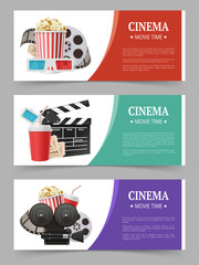 Canvas Print - Cinema banners template. Movie flyer with film symbols camera tape stereo glasses vector realistic images. Illustration of cinema movie poster collection