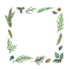 Wall Mural - Watercolor vector Christmas frame with fir branches and place for text.