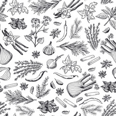 Wall Mural - Vector hand drawn herbs and spices background or pattern illustration. Spice ingredient pattern, aroma herbal natural drawing