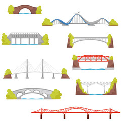 Poster - Flat vector set of stone, brick and metal bridges. City construction elements. Architecture theme