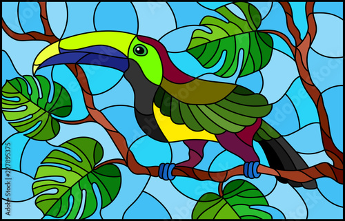 ilustracja-w-witrazu-stylowy-ptasi-pieprzojad-na-galeziastym-tropikalnym-drzewie