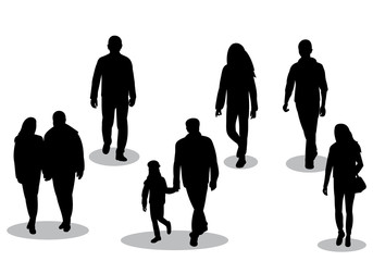 Wall Mural - vector, on white background, black silhouette of walking people with shadow