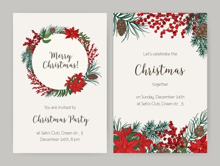 set of christmas flyer or party invitation templates decorated with coniferous tree branches and con