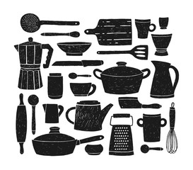 bundle of glassware, kitchenware and cookware. set of black silhouettes of kitchen utensils or tools