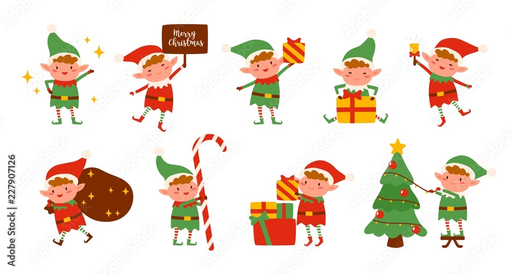 Collection of Christmas elves isolated on white background. Bundle of little Santa's helpers holding holiday gifts and decorations. Set of adorable cartoon characters. Flat vector illustration. - obrazy, fototapety, plakaty 