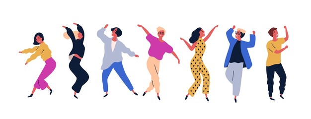 Aufkleber - Group of young happy dancing people or male and female dancers isolated on white background. Smiling young men and women enjoying dance party. Colorful vector illustration in flat cartoon style.