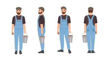 Wall Mural - Bearded farmer isolated on white background. Agricultural worker wearing dungarees and cap, carrying bucket full of harvested potatoes. Front, back and side views. Flat cartoon vector illustration.