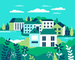 Village landscape flat vector illustration. Buildings, hills, lake, flowers and trees, abstract background for header images for websites, banners, covers