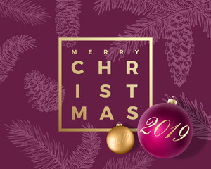 Wall Mural - Merry Christmas Abstract Vector Greeting Card, Poster or Holiday Background. Classy Purple and Gold Colors, Glitter and Modern Typography. Xmas Balls with Soft Shadows and Sketch Pattern