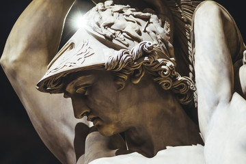 The sculpture the Rape of Polissena by the sculptor Pio Fedi 1865, is located in Florence, at the center of the Loggia dei Lanzi, Piazza della Signoria.