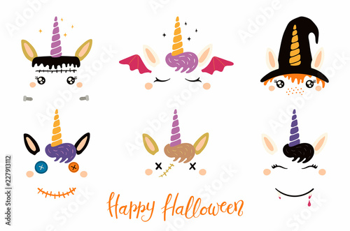 Halloween set with cute unicorn faces, witch, vampire, zombie, Frankenstein, ...