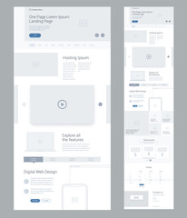 Wall Mural - One page website design template for business. Landing page wireframe Digital Web. Flat modern responsive design. Ux ui website: hosting, video, technology, gallery, testimonials, prices, contact us.