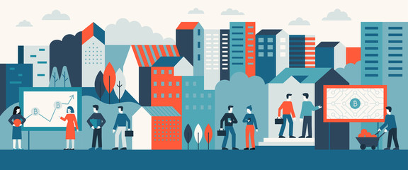 Vector illustration in flat simple style with small characters  -  bitcoin and business concept