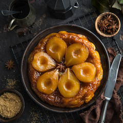 Poster - pear tart tatin, french caramel pear cake, dark background