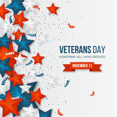 Veterans Day greeting card. 3d stars in national colors with serpentine and confetti. American holiday background. Vector illustration.