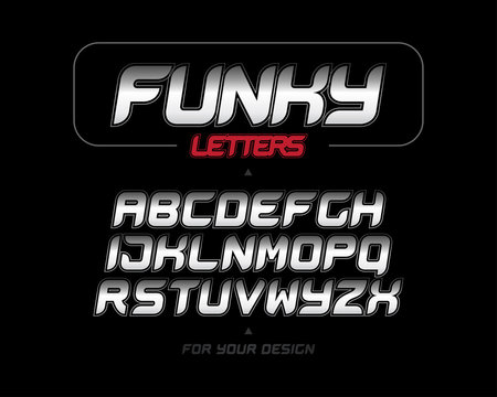 Silver Funky italic alphabet letters. Letters collection. Italic bold geometric alphabet, geometrical design. Sport game vector font template on black background.
