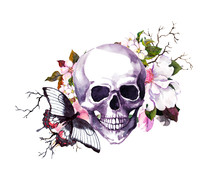 Human Skull With Flowers, Butterfly. Watercolor For Halloween