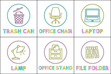 Poster - Office Supplies As Round Linear Icons Templates