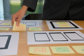 user experience ux designer designing web on smartphone tablet layout. ui planning mobile applicatio