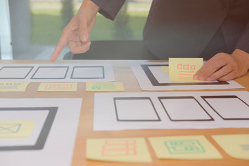 user experience ux designer designing web on smartphone tablet layout. ui planning mobile applicatio