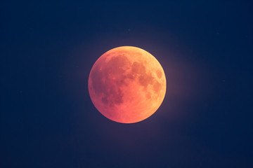 Wall Mural - super bloody moon, beginning of full eclipse phase against blue starry sky background
