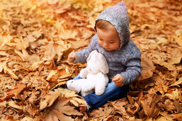 Wall Mural - Cute little baby in autumn park