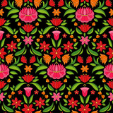 Hungarian folk pattern vector seamless. Kalocsa floral ethnic ornament. Slavic eastern european print on black background. Vintage flower design for gift wrapping paper or women dress fabric textile.