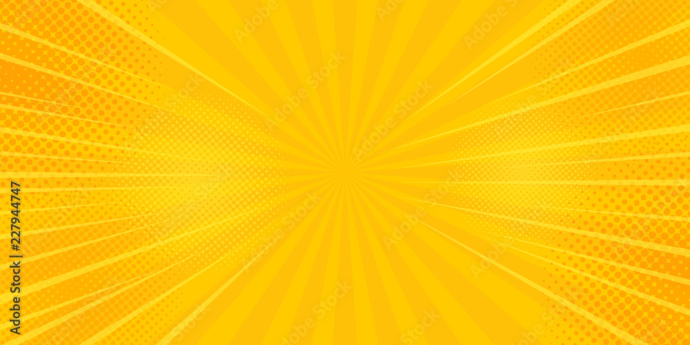 Comics rays background with halftones. Vector summer backdrop ...