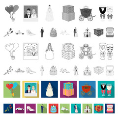 Wall Mural - Wedding and Attributes flat icons in set collection for design. Newlyweds and Accessories vector symbol stock web illustration.