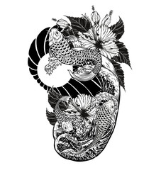 Wall Mural - Japanese fish with hibiscus tattoo by hand drawing.Beautiful bird on white background.Grus japonensis art highly detailed in line art style.Chinese bird for tattoo or wallpaper.