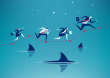 Risk Management. Business Team Running On Graph Over Water With Floating Sharks. Concept Business Illustration