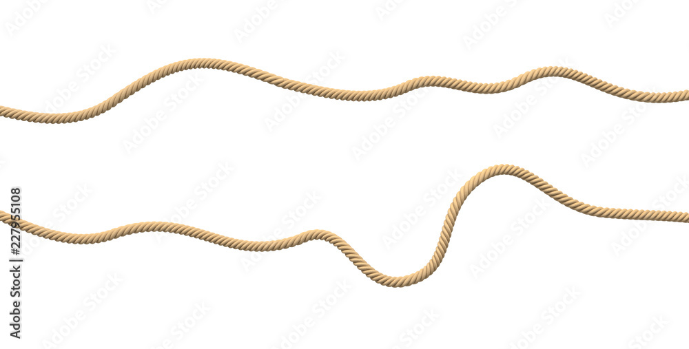 3d rendering of two lines of yellow natural rope lying on a white background in wavy form. - obrazy, fototapety, plakaty 