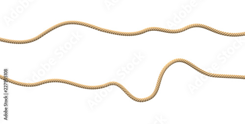 Cuadros en Lienzo 3d rendering of two lines of yellow natural rope lying on a white background in wavy form