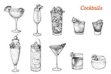 Alcoholic cocktails hand drawn vector illustration. Cocktails sketch set. Engraved style. Sidecar, bellini, mojito, mai tai, negroni, singapore sling, tom collins, cosmopolitan, sazerac, whisky sour.