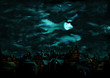 Mystical night over the medieval gothic town/ Illustration a fantasy town night scape with lights, sky with the moon and clouds on the background 