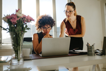 Business colleagues discussing working over a laptop