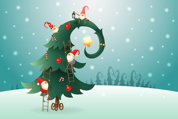 christmas tree decorated with scandinavian gnomes who climb all over him on winter landscape