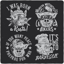 Vintage Labels Set With Lettering Composition On Black Background. T-shirt Logo Design. Pig's Heads - Rasta, Cook, Soldier And Biker.